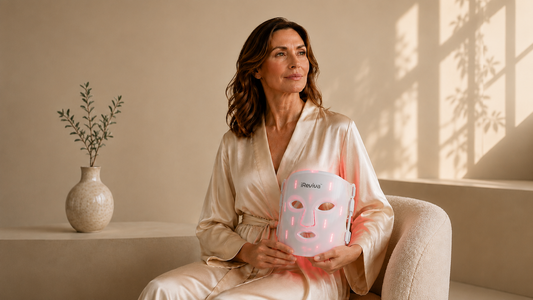 Woman using the iReviva face, neck and chest LED light therapy system for a wrinkle-focused skincare routine