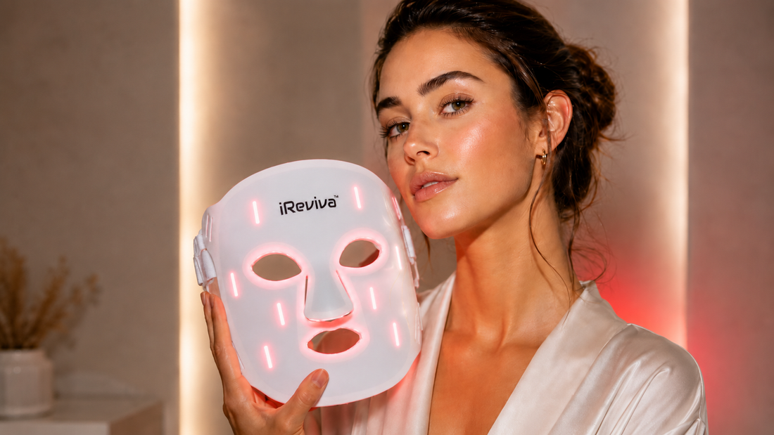 Woman using the iReviva LED light therapy system in a collagen-focused skincare routine