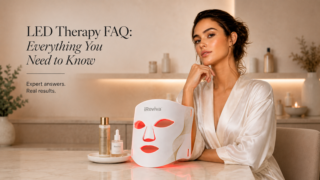 Woman beside the iReviva LED therapy mask in a luxury skincare setting