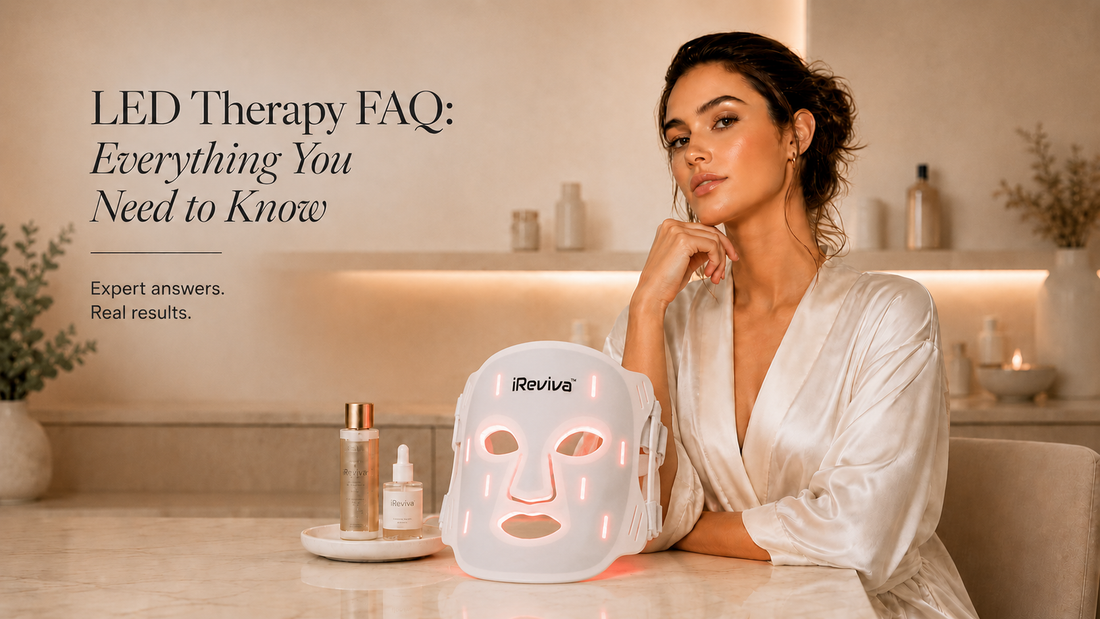 iReviva LED light therapy mask illustrating common questions about wavelengths, safety and results